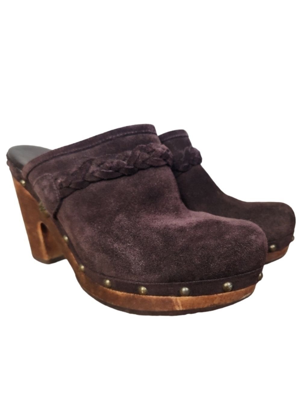 Ugg KAYLEE CLOGS Slip On Brown Suede Wood Heel w Studs Women's Size 8